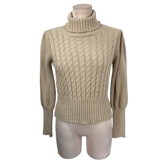 Misa Los Angelas Cotton Cashmere Cable Knit Turtleneck Sweater Tan XS - Picture 1 of 9
